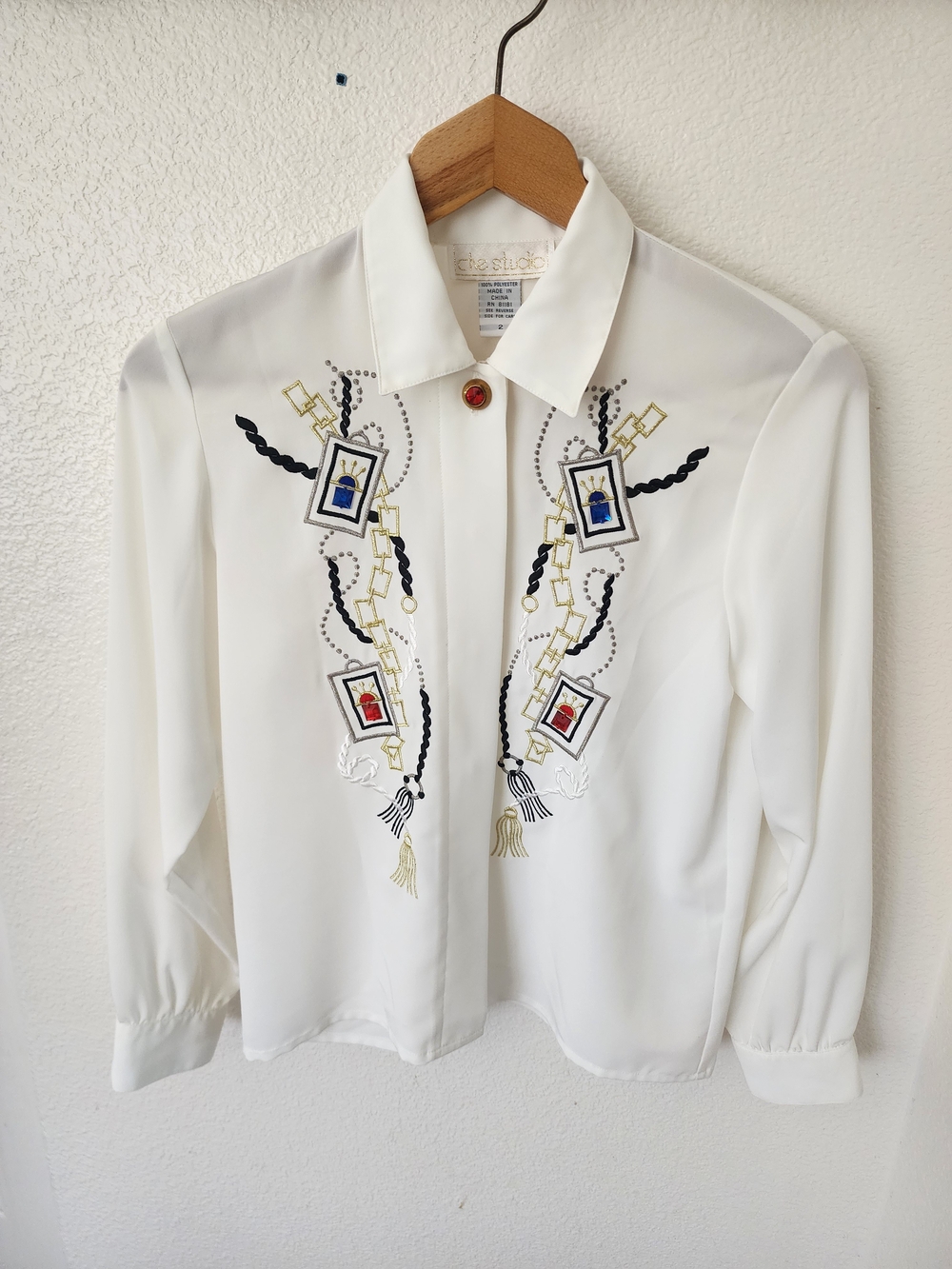 Vintage Che Studio Embroidered White Blouse Size 2 Art to Wear